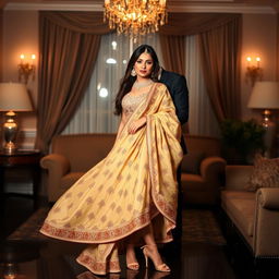 a confident woman wearing a beautiful mekhela chadar, paired with high heels, standing closely beside her boyfriend in an elegantly decorated room