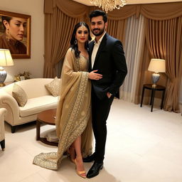 a confident woman wearing a beautiful mekhela chadar, paired with high heels, standing closely beside her boyfriend in an elegantly decorated room