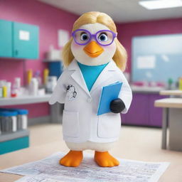 A cartoon-style female penguin with blonde hair, dressed as a chemical engineer with a white lab coat, safety goggles, and holding a blueprint, in a vibrant, colorful chemical laboratory.