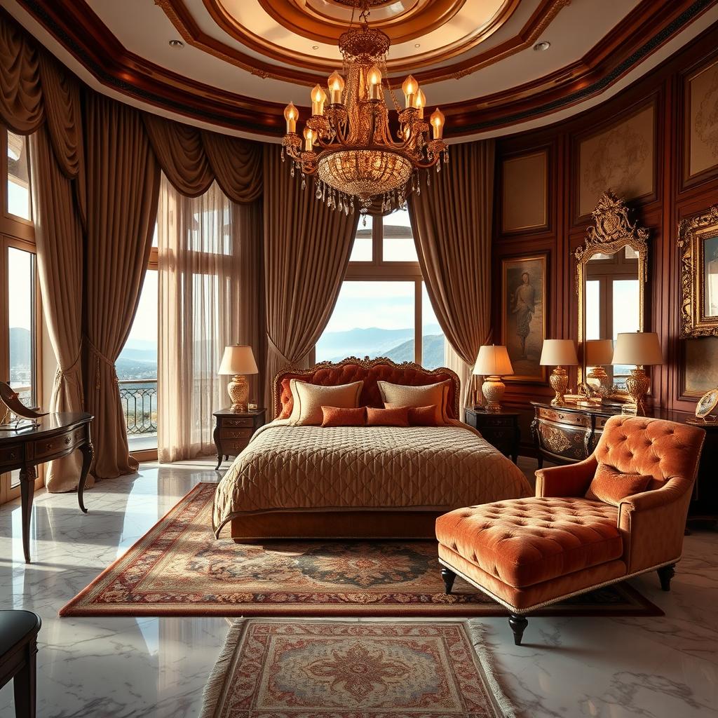 A luxurious and opulent bedroom with exquisite interior design, featuring a king-sized bed adorned with plush quilted bedding and silk pillows