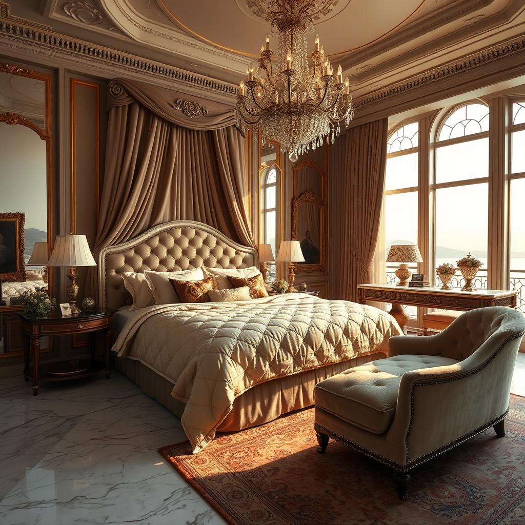 A luxurious and opulent bedroom with exquisite interior design, featuring a king-sized bed adorned with plush quilted bedding and silk pillows