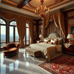 A luxurious and opulent bedroom with exquisite interior design, featuring a king-sized bed adorned with plush quilted bedding and silk pillows