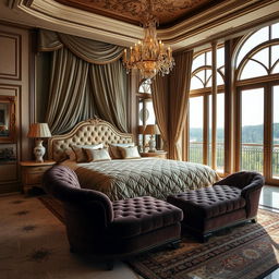 A luxurious and opulent bedroom with exquisite interior design, featuring a king-sized bed adorned with plush quilted bedding and silk pillows