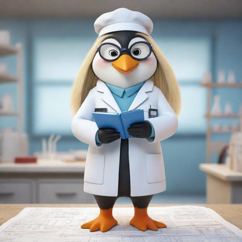 A caricature-style female penguin with blonde hair, dressed as a chemical engineer in a lab coat, safety goggles, holding a blueprint, inside a whimsical, animated chemical laboratory.