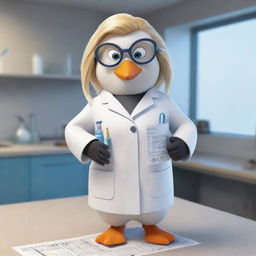 A caricature-style female penguin with blonde hair, dressed as a chemical engineer in a lab coat, safety goggles, holding a blueprint, inside a whimsical, animated chemical laboratory.