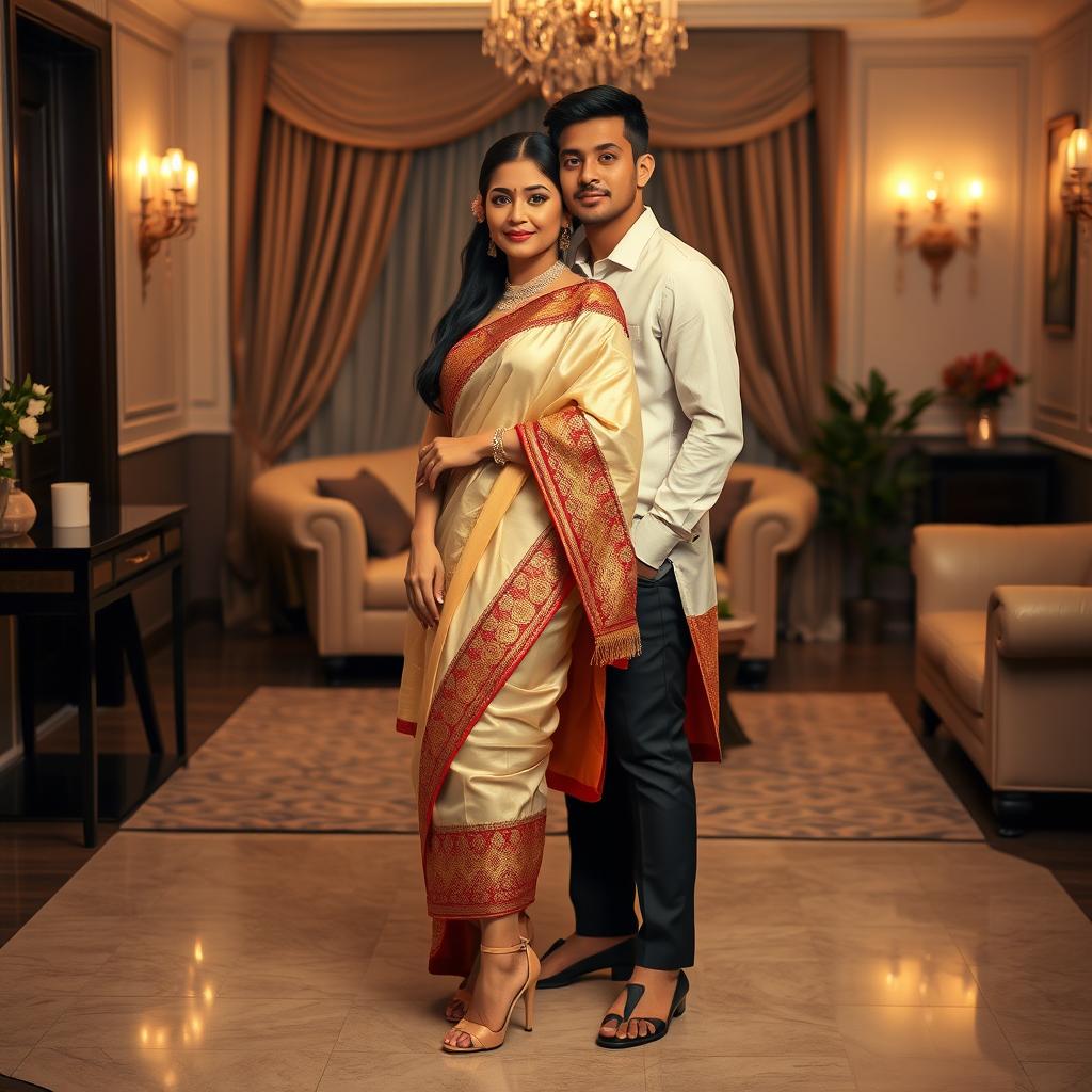 a confident Thai woman in a mekhela chadar featuring a combination of cream, red, and golden colors, paired with high heels