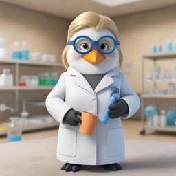 A caricature-style female penguin with blonde hair, dressed as a chemical engineer in a lab coat, safety goggles, holding a blueprint, inside a whimsical, animated chemical laboratory.