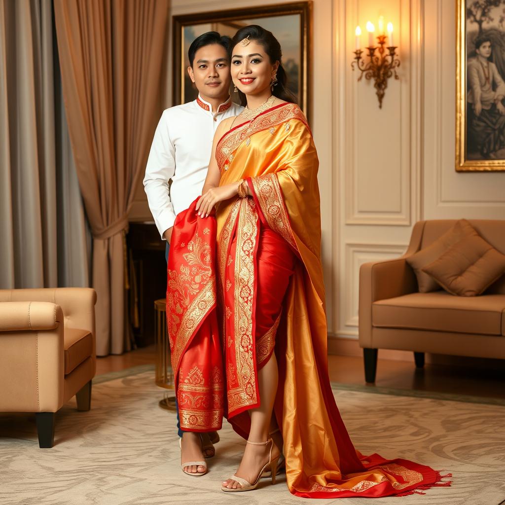 a confident Thai woman in a mekhela chadar featuring a combination of cream, red, and golden colors, paired with high heels