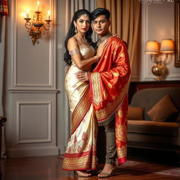 a beautiful Thai woman with an alluring presence, dressed in a mekhela chadar featuring a vibrant combination of cream, red, and golden colors, complemented by high heels