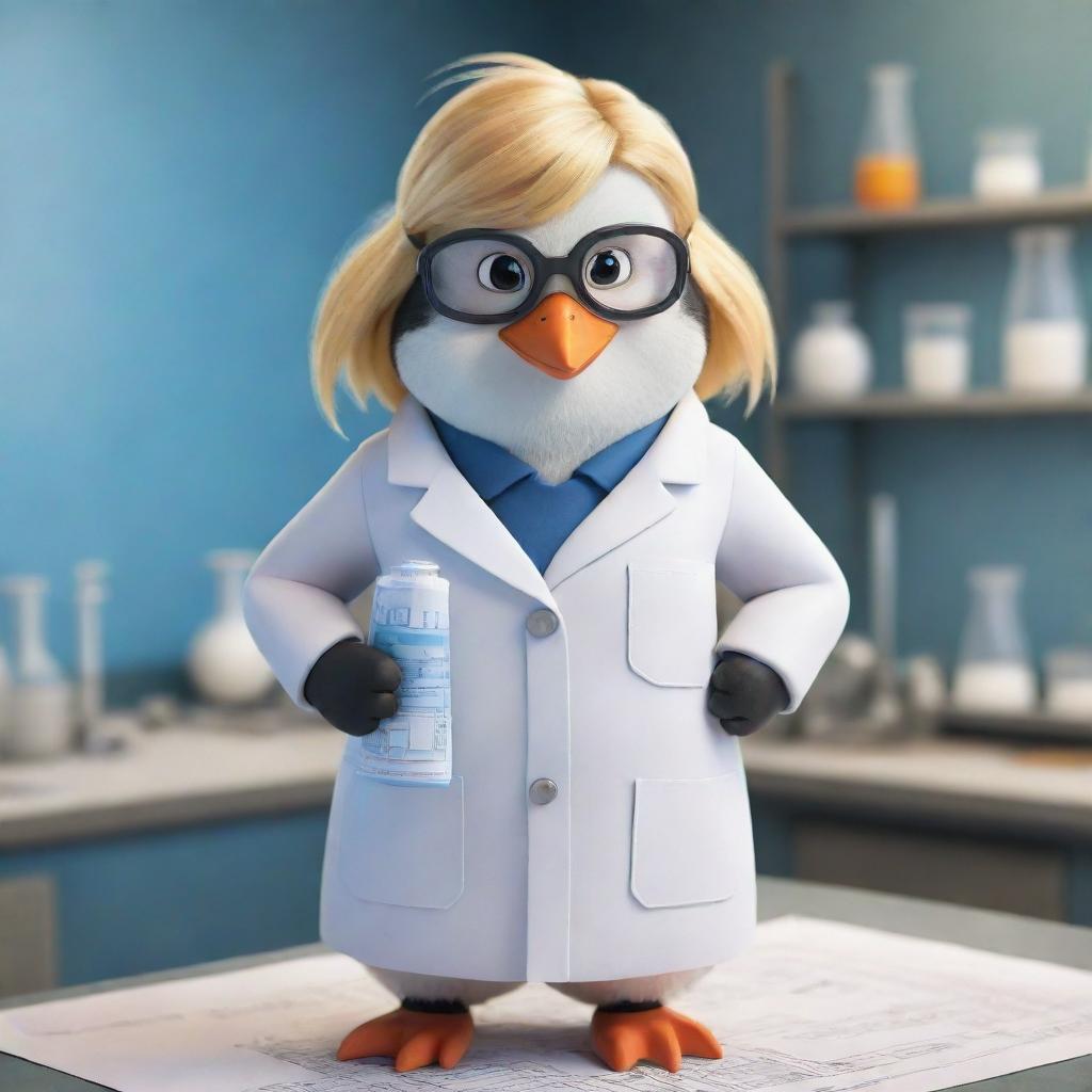 A caricature-style female penguin with blonde hair, dressed as a chemical engineer in a lab coat, safety goggles, holding a blueprint, inside a whimsical, animated chemical laboratory.