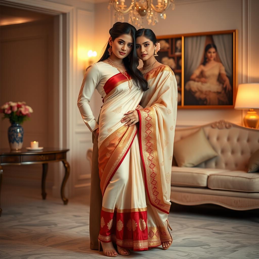 a beautiful Thai woman with an alluring presence, dressed in a mekhela chadar featuring a vibrant combination of cream, red, and golden colors, complemented by high heels