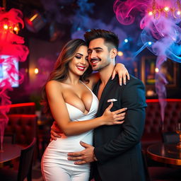 An elite, pretty lady with alluring cleavage is warmly hugging a handsome guy