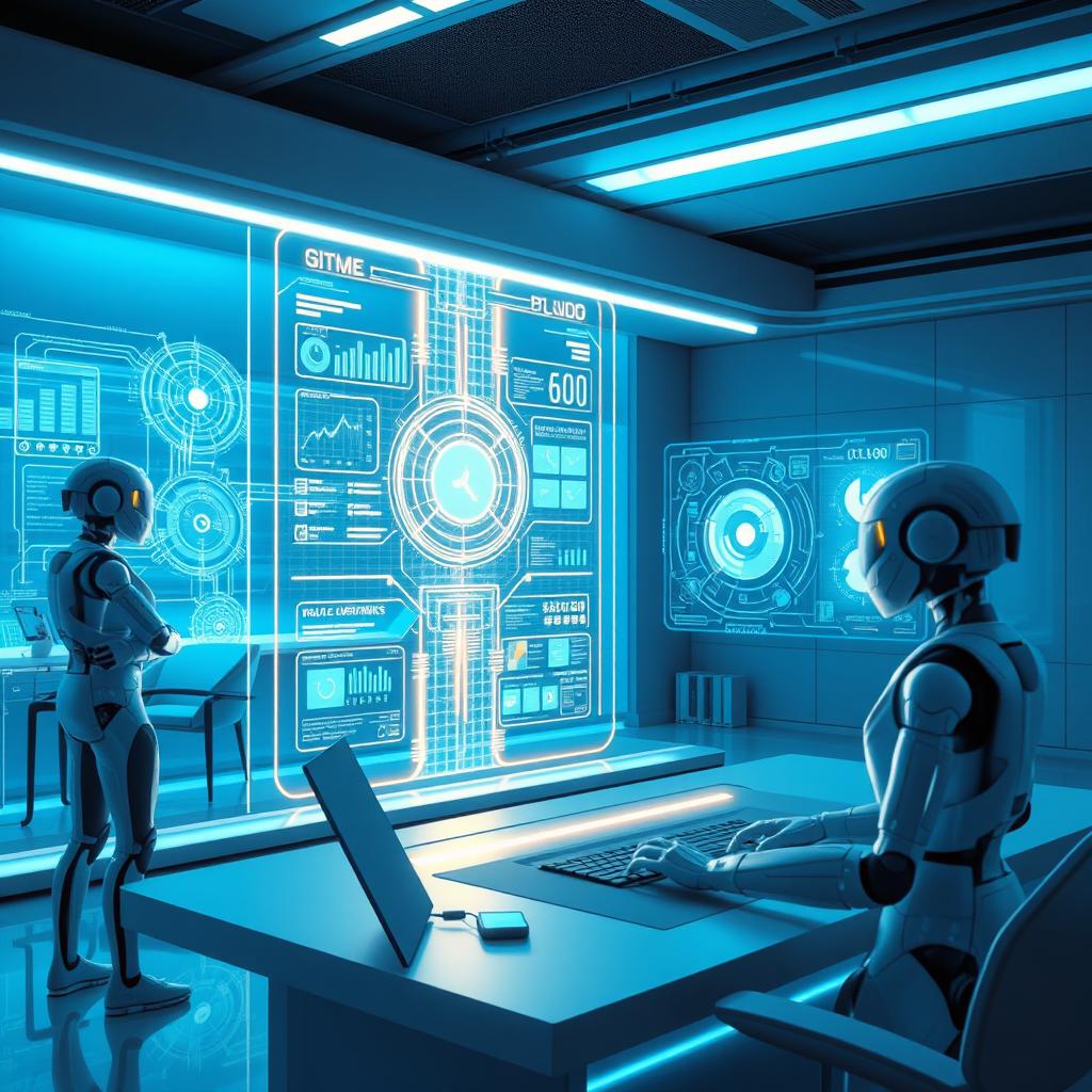 A futuristic scene depicting advanced computing technology with glowing holographic interfaces, sleek robotic assistants, and a large transparent digital screen displaying complex data visualizations