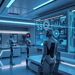 A futuristic scene depicting advanced computing technology with glowing holographic interfaces, sleek robotic assistants, and a large transparent digital screen displaying complex data visualizations