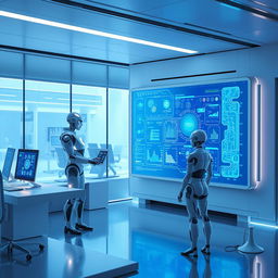 A futuristic scene depicting advanced computing technology with glowing holographic interfaces, sleek robotic assistants, and a large transparent digital screen displaying complex data visualizations