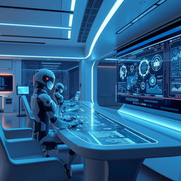 A futuristic scene depicting advanced computing technology with glowing holographic interfaces, sleek robotic assistants, and a large transparent digital screen displaying complex data visualizations