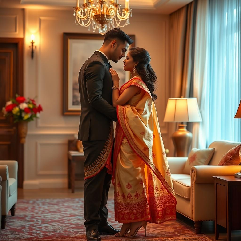 a charming Thai woman with an alluring presence, dressed in a mekhela chadar featuring a vibrant combination of cream, red, and golden colors, paired with high heels