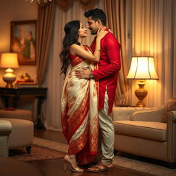 a charming Thai woman with an alluring presence, dressed in a mekhela chadar featuring a vibrant combination of cream, red, and golden colors, paired with high heels