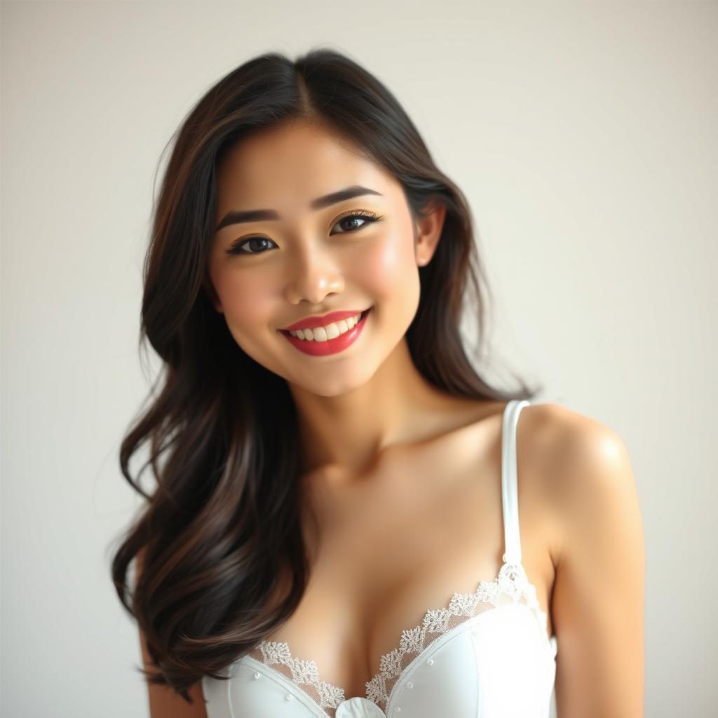 A beautiful Asian woman wearing elegant white lingerie