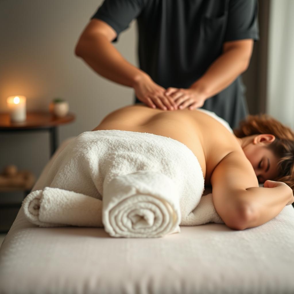 A fuller-figured woman lying face down on a massage bed with a soft towel draped over her lower half