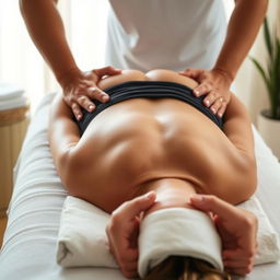 A fuller-figured woman lying face down on a massage bed with a soft towel draped over her lower half