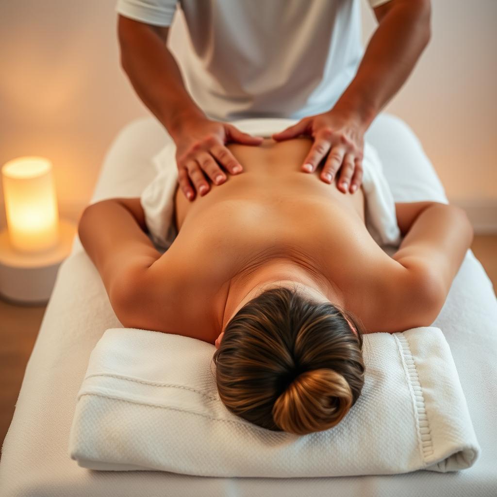 A fuller-figured woman lying face down on a massage bed with a soft towel draped over her lower half