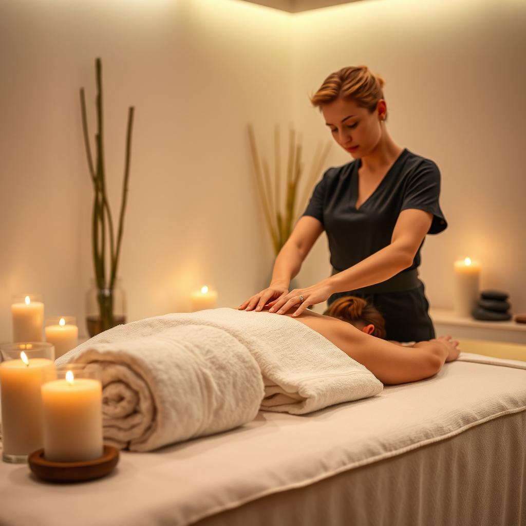 A serene and relaxing massage scene with calm ambient lighting, featuring aromatic candles and soft, plush towels