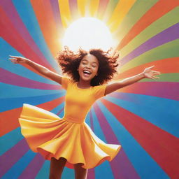 A vibrant cartoon poster featuring a lively character joyfully twirling under a brilliantly radiant sun.