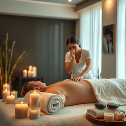 A serene and relaxing massage scene with calm ambient lighting, featuring aromatic candles and soft, plush towels