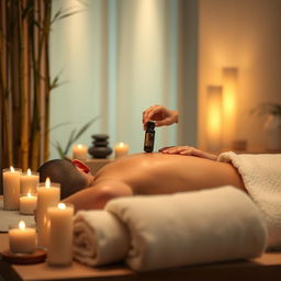 A serene and relaxing massage scene with calm ambient lighting, featuring aromatic candles and soft, plush towels