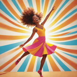 A vibrant cartoon poster featuring a lively character joyfully twirling under a brilliantly radiant sun.