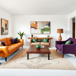 A midcentury modern apartment living room with crisp white walls