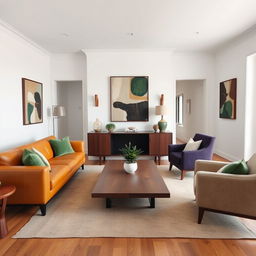 A midcentury modern apartment living room with crisp white walls