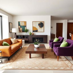 A midcentury modern apartment living room with crisp white walls