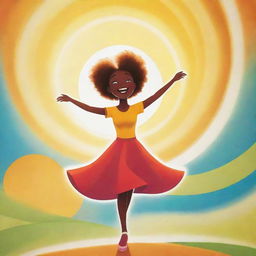 A vibrant cartoon poster featuring a lively character joyfully twirling under a brilliantly radiant sun.