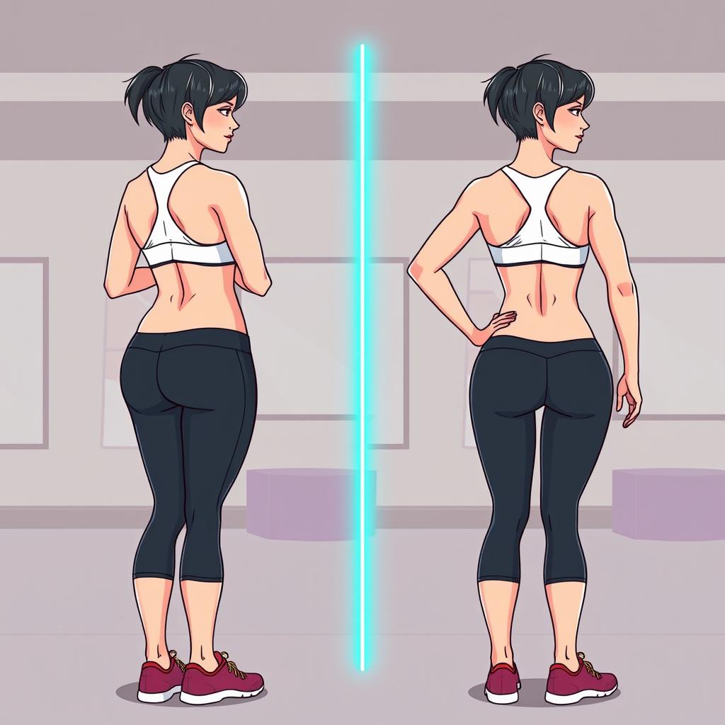 A two-panel illustration showcasing a transformation: the first panel depicts a woman with a flat butt, standing with a relaxed posture; the second panel showcases the same woman with a visibly toned and lifted butt, standing confidently with a proud posture