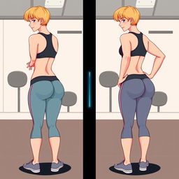 A two-panel illustration showcasing a transformation: the first panel depicts a woman with a flat butt, standing with a relaxed posture; the second panel showcases the same woman with a visibly toned and lifted butt, standing confidently with a proud posture