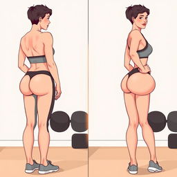 A two-panel illustration showcasing a transformation: the first panel depicts a woman with a flat butt, standing with a relaxed posture; the second panel showcases the same woman with a visibly toned and lifted butt, standing confidently with a proud posture