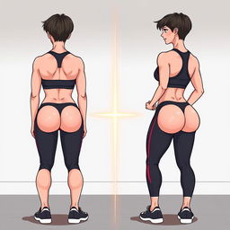 A two-panel illustration showcasing a transformation: the first panel depicts a woman with a flat butt, standing with a relaxed posture; the second panel showcases the same woman with a visibly toned and lifted butt, standing confidently with a proud posture