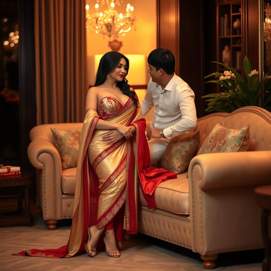 a voluptuous Thai woman with an alluring presence, dressed in a seductive mekhela chadar in a captivating combination of cream, golden, and red colors, complemented by stylish high heels