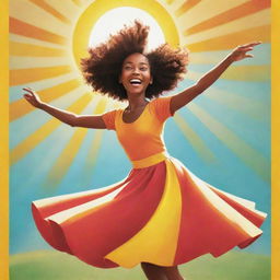 A vibrant cartoon poster featuring a lively character joyfully twirling under a brilliantly radiant sun.