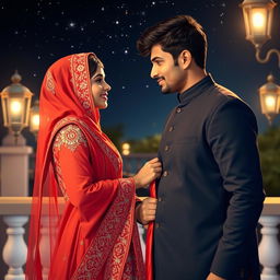 A tender, romantic moment between a girl of Middle Eastern descent wearing a beautifully detailed traditional attire and a boy with Indian features in a harmonious and culturally rich setting