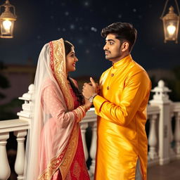 A tender, romantic moment between a girl of Middle Eastern descent wearing a beautifully detailed traditional attire and a boy with Indian features in a harmonious and culturally rich setting