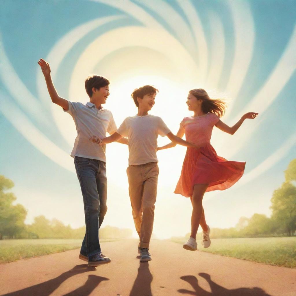 Illustration of a boy and a girl joyfully twirling under the sunlight, endowed with a cartoon poster effect.