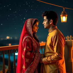 A tender, romantic moment between a girl of Middle Eastern descent wearing a beautifully detailed traditional attire and a boy with Indian features in a harmonious and culturally rich setting