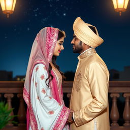 A tender, romantic moment between a girl of Middle Eastern descent wearing a beautifully detailed traditional attire and a boy with Indian features in a harmonious and culturally rich setting