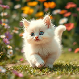 A detailed and realistic depiction of a cute and fluffy white kitten, with a silky and smooth coat that appears creamy and soft to the touch, playing joyfully in a sunlit garden filled with colorful flowers, capturing the essence of innocence and playfulness in nature