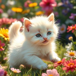 A detailed and realistic depiction of a cute and fluffy white kitten, with a silky and smooth coat that appears creamy and soft to the touch, playing joyfully in a sunlit garden filled with colorful flowers, capturing the essence of innocence and playfulness in nature