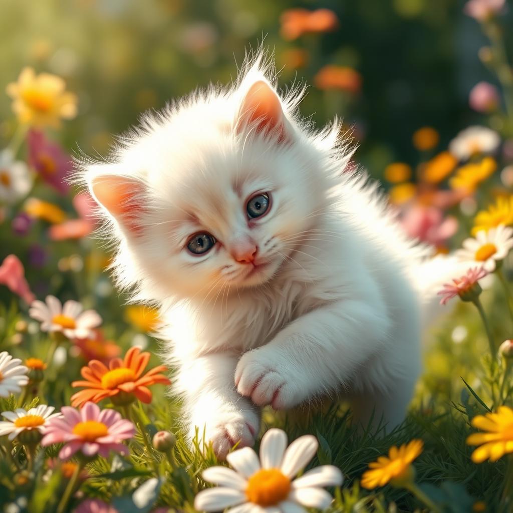 A detailed and realistic depiction of a cute and fluffy white kitten, with a silky and smooth coat that appears creamy and soft to the touch, playing joyfully in a sunlit garden filled with colorful flowers, capturing the essence of innocence and playfulness in nature