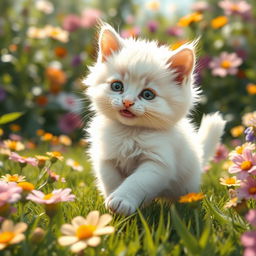 A detailed and realistic depiction of a cute and fluffy white kitten, with a silky and smooth coat that appears creamy and soft to the touch, playing joyfully in a sunlit garden filled with colorful flowers, capturing the essence of innocence and playfulness in nature